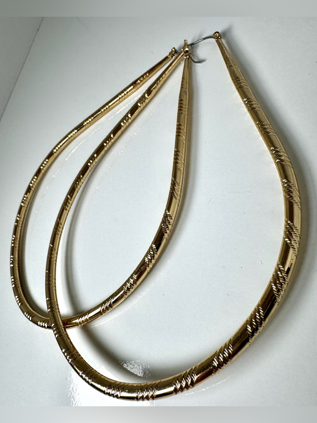 Oversized Gold-Tone Twisted Etched Tear Drop Hoop Earrings - 5” #1748